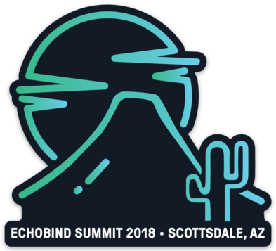 Outline of a mountain, cactus, and sun with the "Echobind Summit 2018, Scottsdale, AZ".