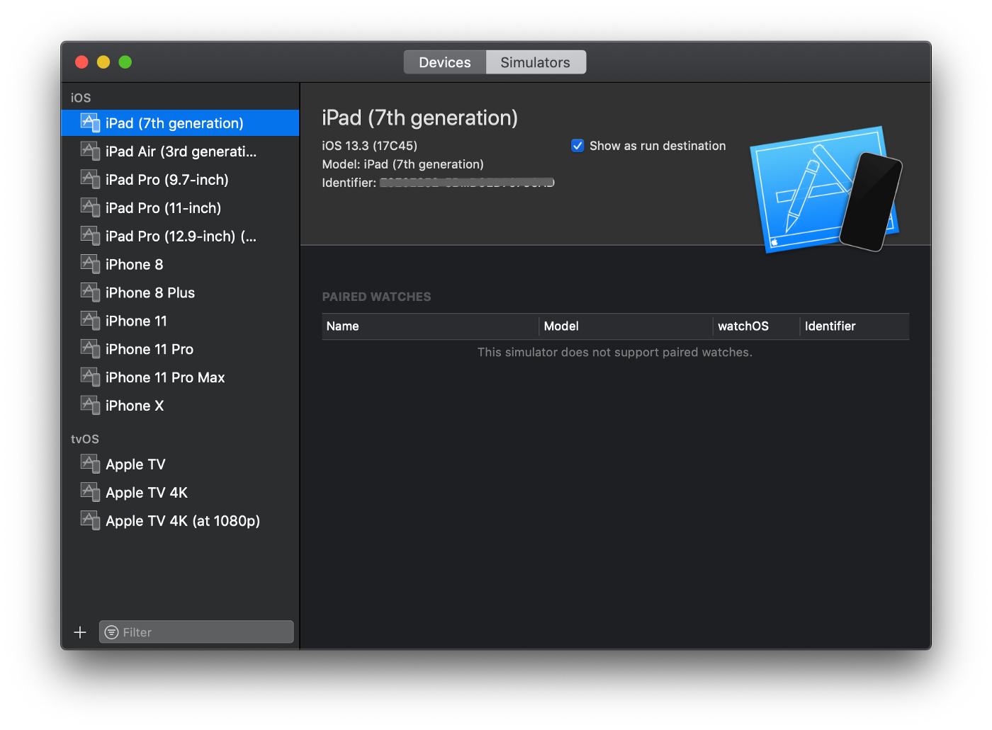 Screenshot of Devices and Simulators window in Xcode