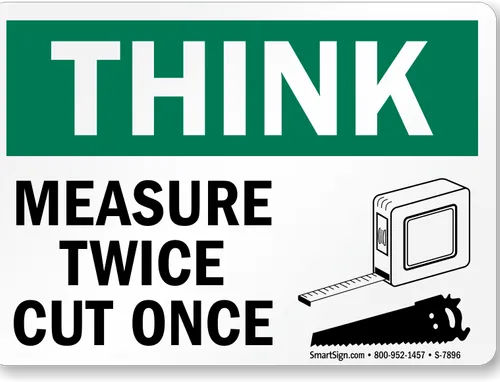A sign with "Think: Measure Twice Cut Once" and a measuring tape and saw outline.