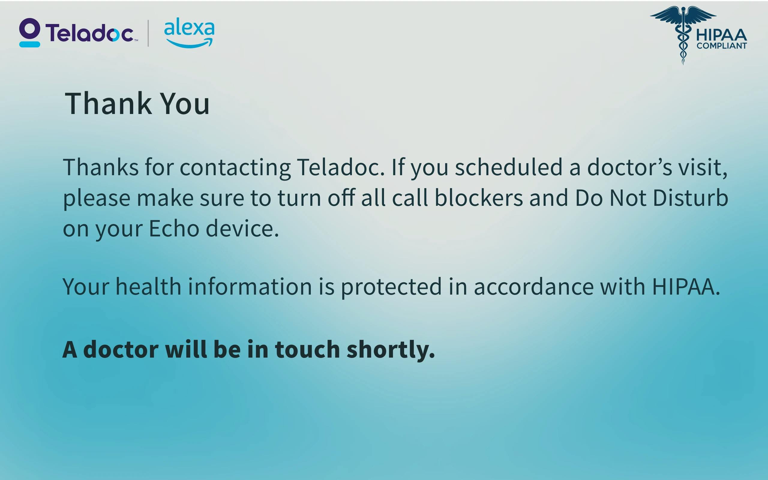 An Amazon Echo Show screen displaying information from Teledoc