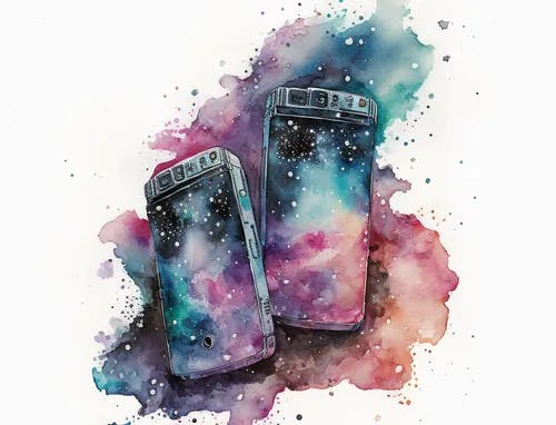 two cell phones on a watercolor background