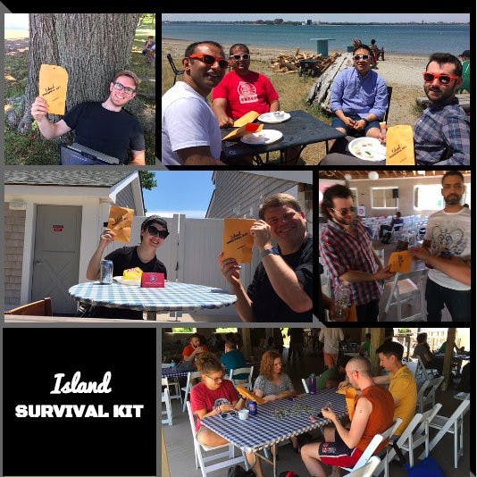 A collage photo with dishing out island survival kits